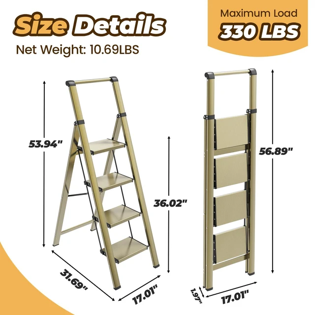 Alt view image 2 of 7 - 4 Step Ladder, Lightweight Aluminum Folding Step Stool Anti-Slip Wide Pedal, 330lbs Capacity Step Ladder for Household Kitchen Office, Gold