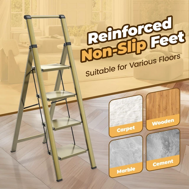 Alt view image 5 of 7 - 4 Step Ladder, Lightweight Aluminum Folding Step Stool Anti-Slip Wide Pedal, 330lbs Capacity Step Ladder for Household Kitchen Office, Gold