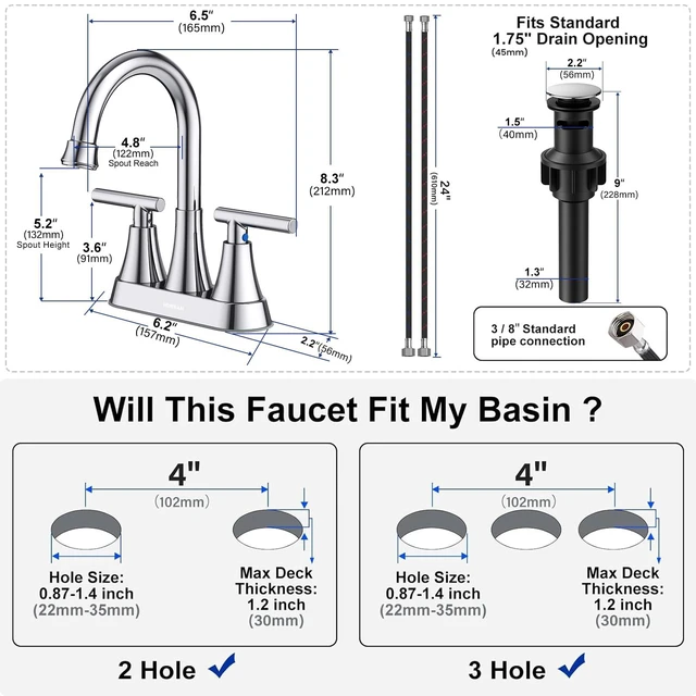 Alt view image 5 of 7 - Bathroom Faucets, 4 inch Centerset 2-Handle Lead-Free, Chrome Bathroom Sink Faucet with Pop-up Drain and Supply Lines, Stainless Steel Faucet for Vanity RV Restroom Laundry, 2 Pack
