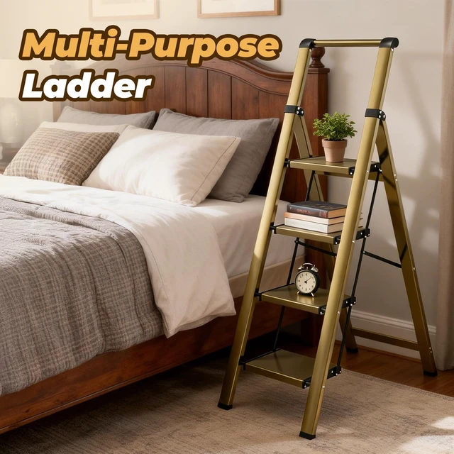 Alt view image 6 of 7 - 4 Step Ladder, Lightweight Aluminum Folding Step Stool Anti-Slip Wide Pedal, 330lbs Capacity Step Ladder for Household Kitchen Office, Gold