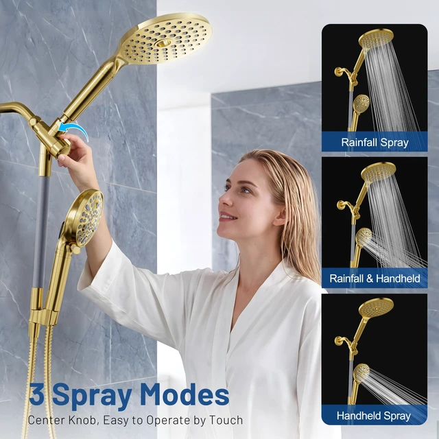 Alt view image 5 of 7 - Dual Filtered Rain Shower Head Combo, High Pressure Handheld Shower Head with Adjustable Bar - Rainfall Shower Head And Showerhead with Filter for Hard Water - Removes Chlorine(Gold)