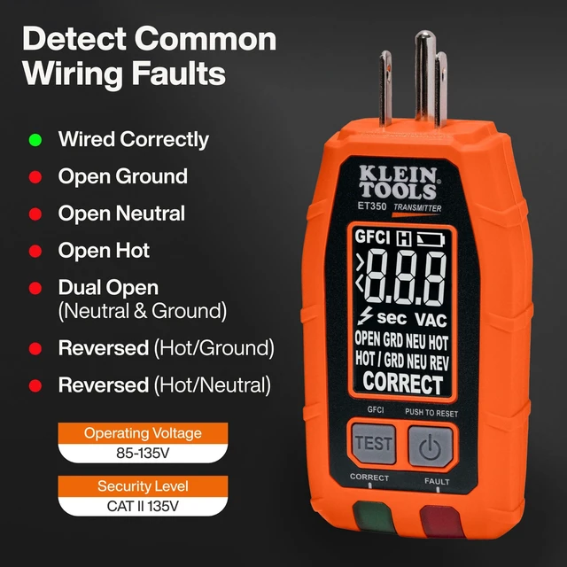 Alt view image 6 of 7 - ET350 4-in-1 Digital Circuit Breaker Finder, Outlet Fault Detector, Non-Contact Voltage Tester, GFCI Tester, Learn and Locate Mode, Backlit LCD, LED Work Light