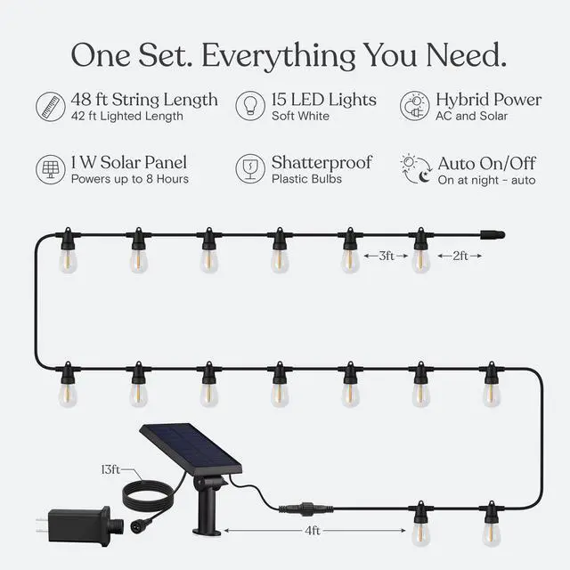 Alt view image 5 of 7 - Ambience Hybrid Outdoor String Lights - Dual Plug and Solar Powered Waterproof LED Light String for Outside - 48 Ft, Soft White Edison Bulbs, for Camping, Patio, Cafe, Yard, Porch