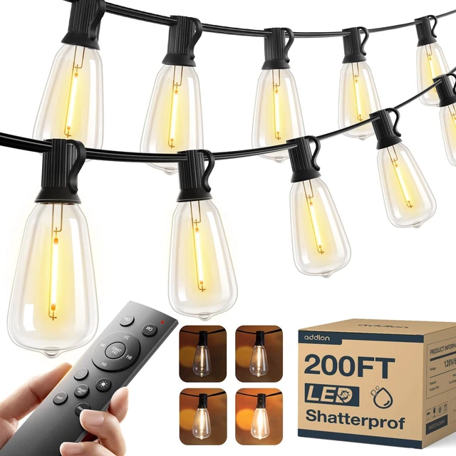 Main image of 200FT(50FT*4) Outdoor String Lights ST38 LED with Remote Waterproof Dimmable Shatterproof Replaceable Bulbs, Connectable Hanging Strand for Porch Backyard Patio Garden Deck Outside, Timer