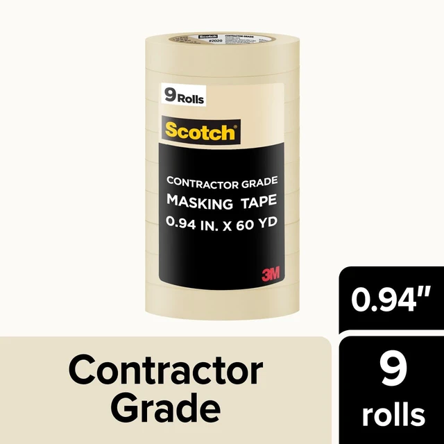Alt view image 2 of 7 - 3M Contractor Grade Masking Tape 0.94" x 60 yds Tan 4 Contractor Packs of 9 Rolls Each Durable Vinyl Tape for Versatile Indoor and Outdoor Use