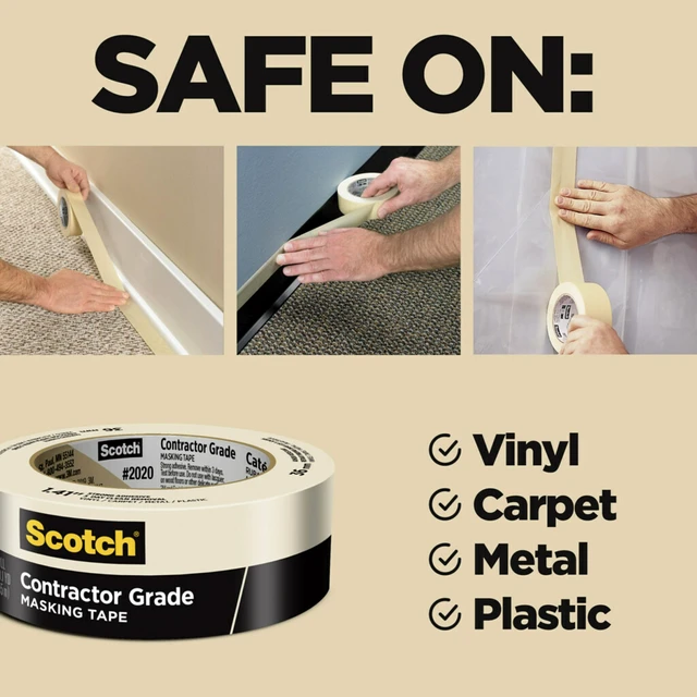 Alt view image 3 of 7 - 3M Contractor Grade Masking Tape 0.94" x 60 yds Tan 4 Contractor Packs of 9 Rolls Each Durable Vinyl Tape for Versatile Indoor and Outdoor Use