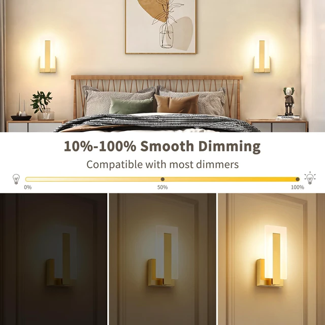 Alt view image 3 of 7 - Modern LED Wall Sconce Set of 2, Dimmable Hardwired Bathroom Vanity Light Indoor Wall Sconce for Hallway, Bedroom, Study, Living Room, 9.76 Inch Brass Wall Lights