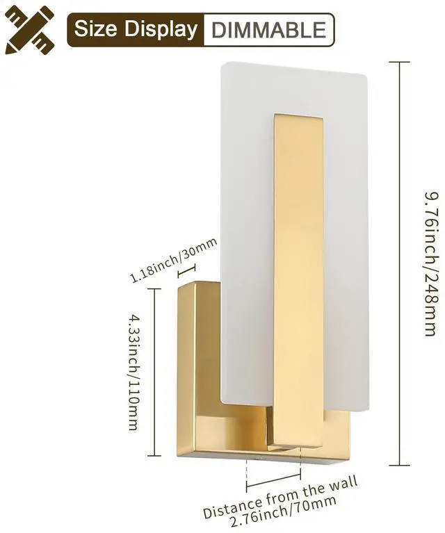 Alt view image 6 of 7 - Modern LED Wall Sconce Set of 2, Dimmable Hardwired Bathroom Vanity Light Indoor Wall Sconce for Hallway, Bedroom, Study, Living Room, 9.76 Inch Brass Wall Lights