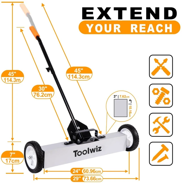 Alt view image 3 of 7 - Magnetic Sweeper with Wheels 24" Wide, 33 Lb Capacity Quick Release Quick Release, Large Magnet Pickup Lawn Sweeper, Roofing Tools, 33Lbs Yard Tools, Telescoping Holder and Quick Release Latch