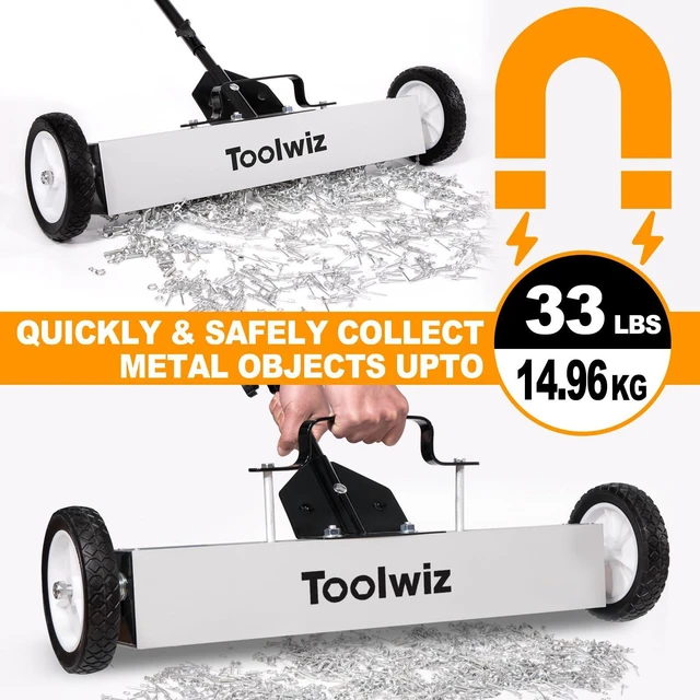 Alt view image 4 of 7 - Magnetic Sweeper with Wheels 24" Wide, 33 Lb Capacity Quick Release Quick Release, Large Magnet Pickup Lawn Sweeper, Roofing Tools, 33Lbs Yard Tools, Telescoping Holder and Quick Release Latch
