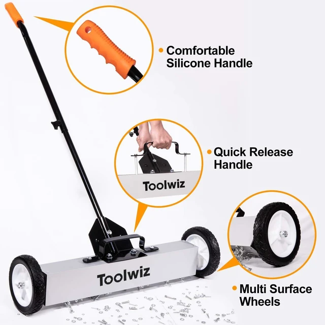 Alt view image 6 of 7 - Magnetic Sweeper with Wheels 24" Wide, 33 Lb Capacity Quick Release Quick Release, Large Magnet Pickup Lawn Sweeper, Roofing Tools, 33Lbs Yard Tools, Telescoping Holder and Quick Release Latch