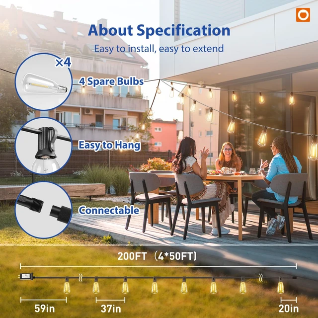 Alt view image 6 of 7 - 200FT(50FT*4) Outdoor String Lights ST38 LED with Remote Waterproof Dimmable Shatterproof Replaceable Bulbs, Connectable Hanging Strand for Porch Backyard Patio Garden Deck Outside, Timer