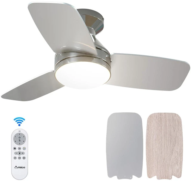 Main image of 30 Inch Nickel Low Profile Ceiling Fans with Lights And Remote Flush mount, 3-color dimmable light, quiet reversible DC motor, easy install, memory, timer, bedroom, covered outdoor areas