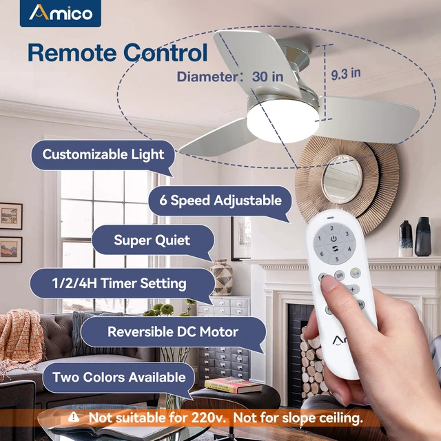 Alt view image 2 of 7 - 30 Inch Nickel Low Profile Ceiling Fans with Lights And Remote Flush mount, 3-color dimmable light, quiet reversible DC motor, easy install, memory, timer, bedroom, covered outdoor areas