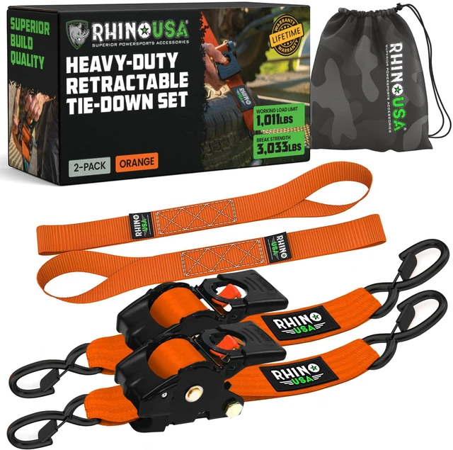 Main image of Retractable Ratchet Straps (2-Pack) - 2in x 10ft, 3,033lb, Orange Heavy Duty Auto Self Retracting Tie Downs. For Truck, Cargo Trailer, Motorcycle & UTV, Tangle-Free Storage. Orange