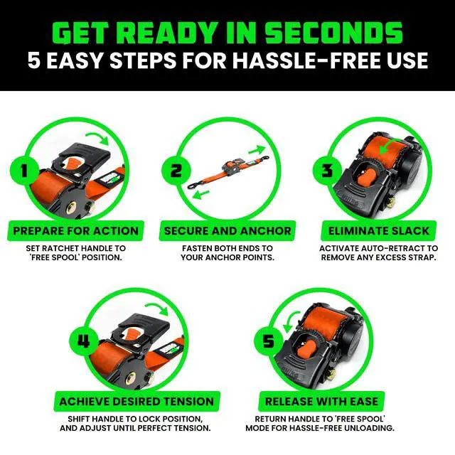 Alt view image 6 of 7 - Retractable Ratchet Straps (2-Pack) - 2in x 10ft, 3,033lb, Orange Heavy Duty Auto Self Retracting Tie Downs. For Truck, Cargo Trailer, Motorcycle & UTV, Tangle-Free Storage. Orange