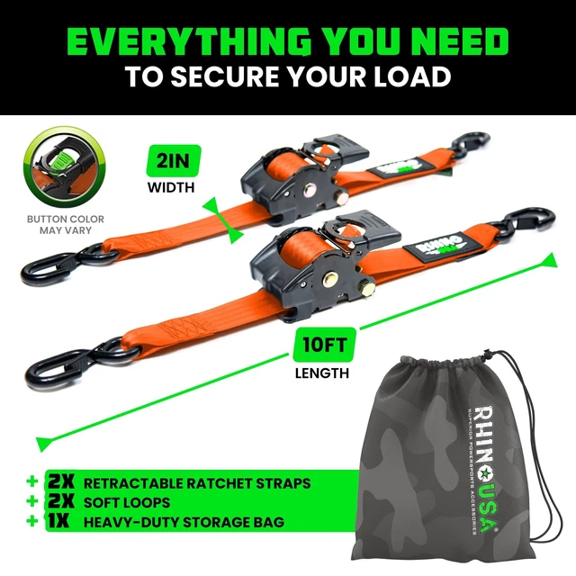 Alt view image 5 of 7 - Retractable Ratchet Straps (2-Pack) - 2in x 10ft, 3,033lb, Orange Heavy Duty Auto Self Retracting Tie Downs. For Truck, Cargo Trailer, Motorcycle & UTV, Tangle-Free Storage. Orange