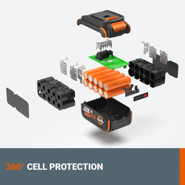 Alt view image 4 of 6 - 20V 5.0Ah Lithium-ion Battery, WA3675.J PowerShare, Intelligent Battery, Stays Cool, 360° Cell Protection, Charge-Level Indicator