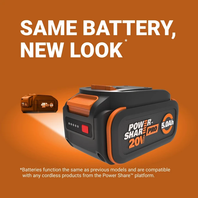 Alt view image 6 of 6 - 20V 5.0Ah Lithium-ion Battery, WA3675.J PowerShare, Intelligent Battery, Stays Cool, 360° Cell Protection, Charge-Level Indicator