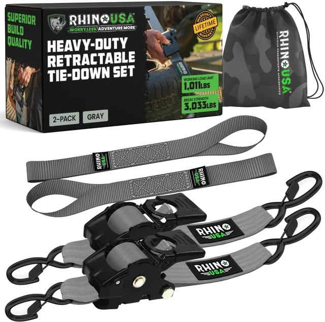 Main image of Retractable Ratchet Straps (2-Pack) - 2in x 10ft, 3,033lb, Gray Heavy Duty Auto Self Retracting Tie Downs. For Truck, Cargo Trailer, Motorcycle & UTV, Tangle-Free Storage. Gray