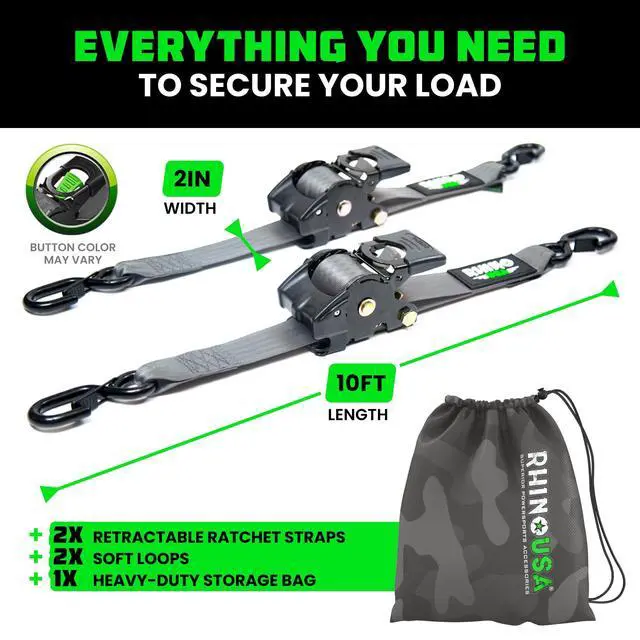 Alt view image 5 of 7 - Retractable Ratchet Straps (2-Pack) - 2in x 10ft, 3,033lb, Gray Heavy Duty Auto Self Retracting Tie Downs. For Truck, Cargo Trailer, Motorcycle & UTV, Tangle-Free Storage. Gray