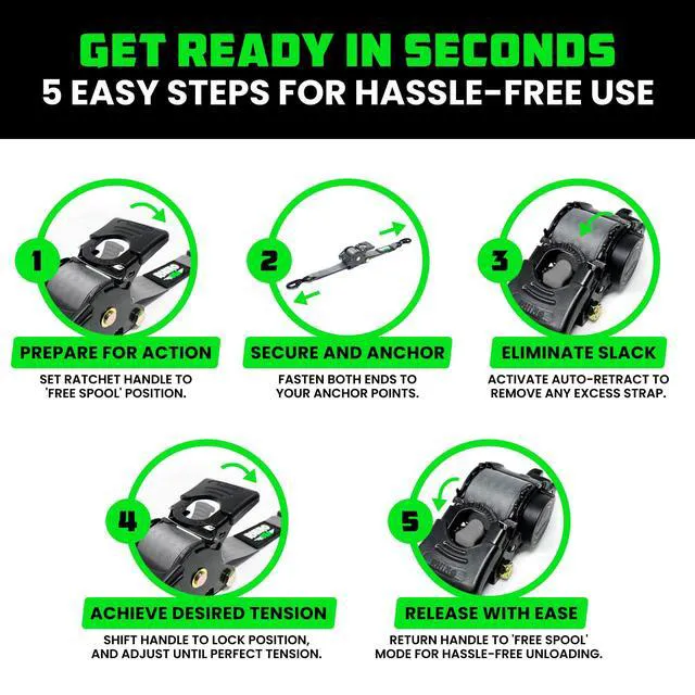 Alt view image 6 of 7 - Retractable Ratchet Straps (2-Pack) - 2in x 10ft, 3,033lb, Gray Heavy Duty Auto Self Retracting Tie Downs. For Truck, Cargo Trailer, Motorcycle & UTV, Tangle-Free Storage. Gray