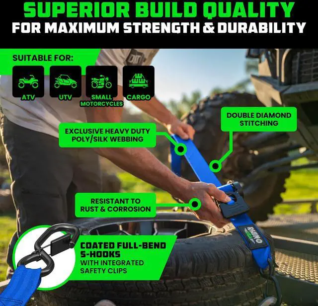 Alt view image 3 of 7 - Retractable Ratchet Straps (2-Pack) - 2in x 10ft, 3,033lb, Blue Heavy Duty Auto Self Retracting Tie Downs. For Truck, Cargo Trailer, Motorcycle & UTV, Tangle-Free Storage. Blue
