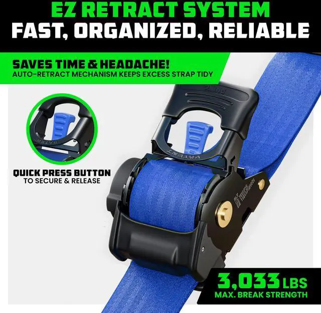 Alt view image 2 of 7 - Retractable Ratchet Straps (2-Pack) - 2in x 10ft, 3,033lb, Blue Heavy Duty Auto Self Retracting Tie Downs. For Truck, Cargo Trailer, Motorcycle & UTV, Tangle-Free Storage. Blue