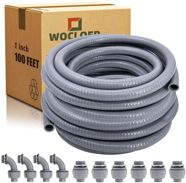 Main image of Liquid-Tight Conduit - 1inch 100 Foot Flexible Non Metallic Liquid Tight Electrical Conduit Kit, with 6 Straight and 4 Angle Fittings Included. 1" Dia