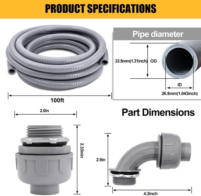 Alt view image 2 of 7 - Liquid-Tight Conduit - 1inch 100 Foot Flexible Non Metallic Liquid Tight Electrical Conduit Kit, with 6 Straight and 4 Angle Fittings Included. 1" Dia
