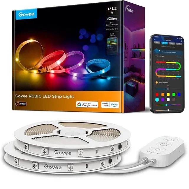 Main image of 131.2ft RGBIC LED Strip Lights, Work with Alexa and Google Assistant DIY Multiple Colors on One Line, Color Changing Lights for Home Decor, Bluetooth Strip Lights with APP Control, 2 x 65.6ft