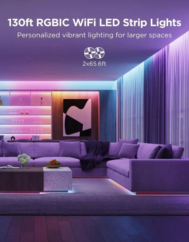 Alt view image 2 of 7 - 131.2ft RGBIC LED Strip Lights, Work with Alexa and Google Assistant DIY Multiple Colors on One Line, Color Changing Lights for Home Decor, Bluetooth Strip Lights with APP Control, 2 x 65.6ft