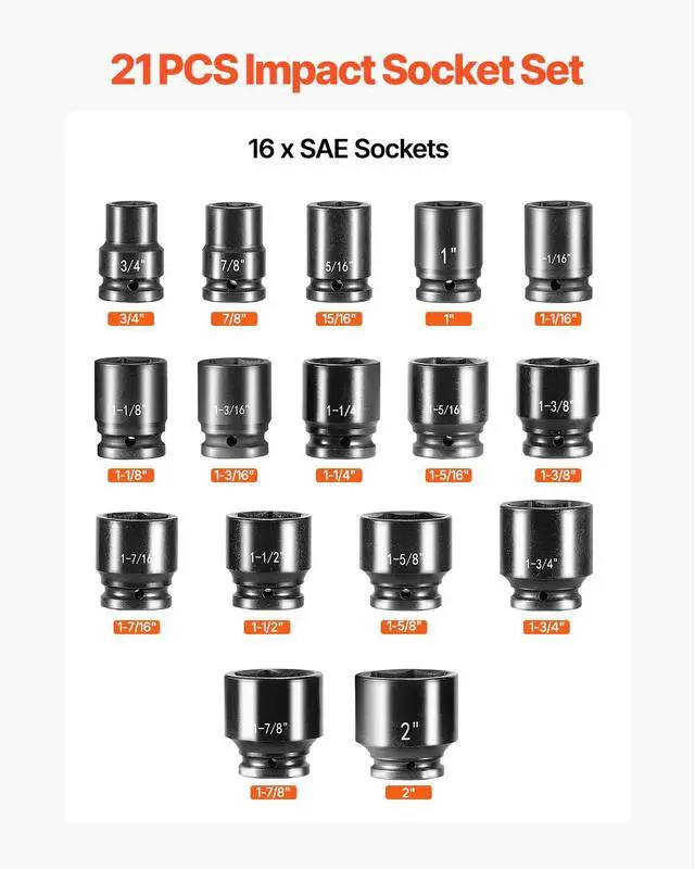 Alt view image 3 of 7 - 3/4 in Drive Impact Socket Set, 21 Pieces SAE 3/4 in to 2 in, 6 Point Cr-V Alloy Steel for Auto Repair, Easy-to-Read Size Markings, Includes Extension Bars, Ratchet Handle and Storage Case
