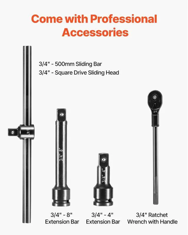 Alt view image 4 of 7 - 3/4 in Drive Impact Socket Set, 21 Pieces SAE 3/4 in to 2 in, 6 Point Cr-V Alloy Steel for Auto Repair, Easy-to-Read Size Markings, Includes Extension Bars, Ratchet Handle and Storage Case