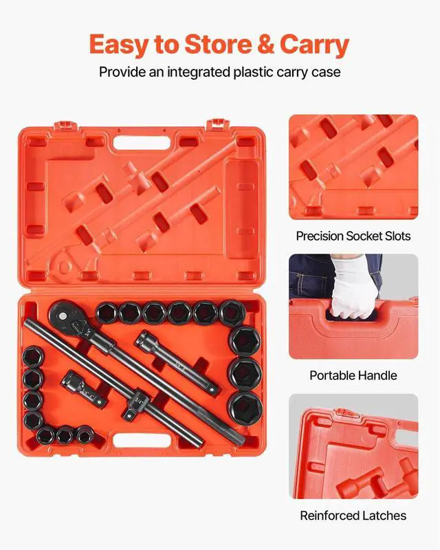 Alt view image 6 of 7 - 3/4 in Drive Impact Socket Set, 21 Pieces SAE 3/4 in to 2 in, 6 Point Cr-V Alloy Steel for Auto Repair, Easy-to-Read Size Markings, Includes Extension Bars, Ratchet Handle and Storage Case