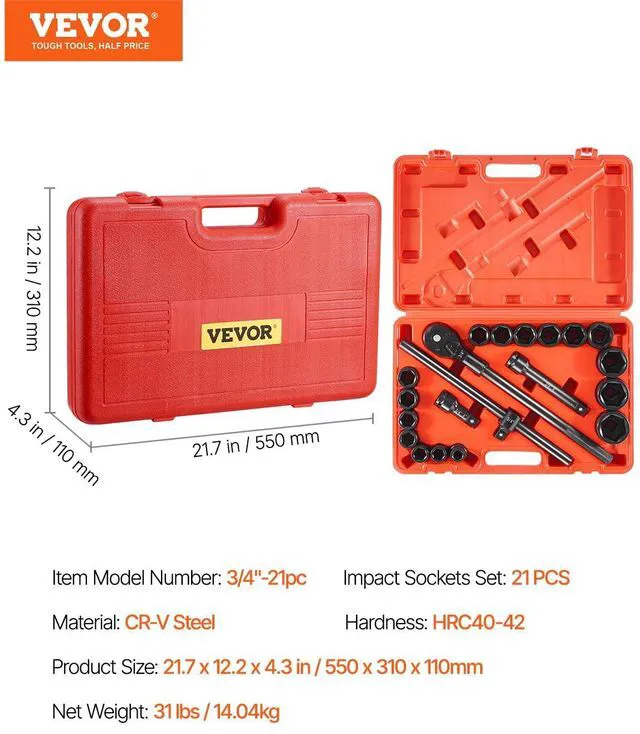 Alt view image 7 of 7 - 3/4 in Drive Impact Socket Set, 21 Pieces SAE 3/4 in to 2 in, 6 Point Cr-V Alloy Steel for Auto Repair, Easy-to-Read Size Markings, Includes Extension Bars, Ratchet Handle and Storage Case