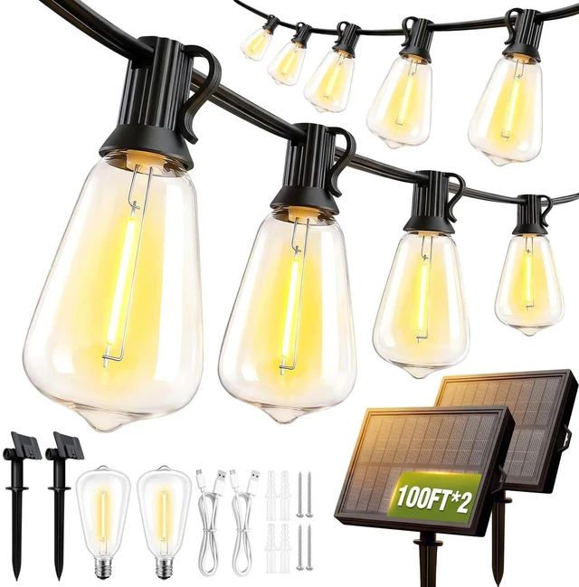 Main image of 200FT Solar String Lights Outdoor Waterproof with Remote & Timer, LED Shatterproof ST38 Bulbs, USB & Solar Powered Patio Lights for Backyard, Porch, Garden, Wedding, Christmas Decor