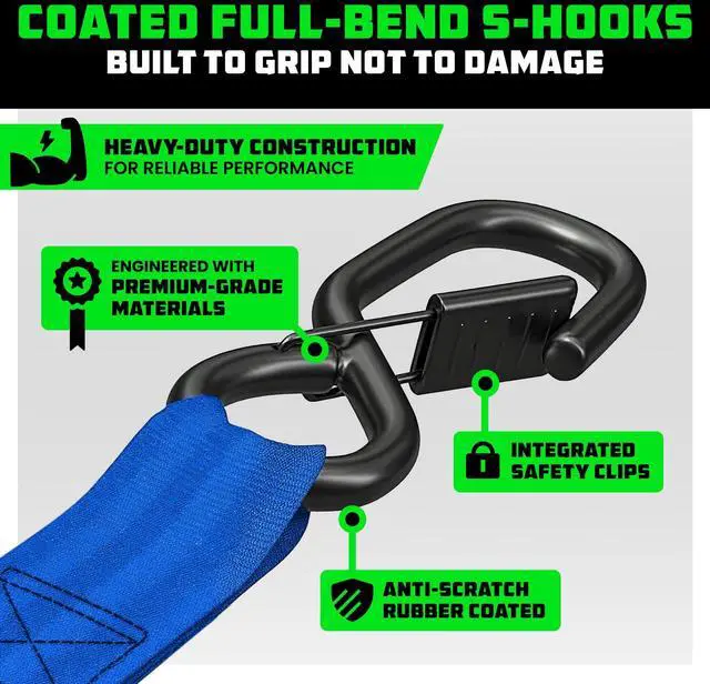 Alt view image 4 of 7 - Retractable Ratchet Straps (2-Pack) - 2in x 10ft, 3,033lb, Blue Heavy Duty Auto Self Retracting Tie Downs. For Truck, Cargo Trailer, Motorcycle & UTV, Tangle-Free Storage. Blue