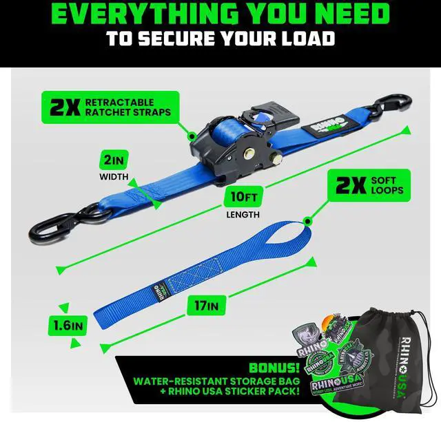 Alt view image 5 of 7 - Retractable Ratchet Straps (2-Pack) - 2in x 10ft, 3,033lb, Blue Heavy Duty Auto Self Retracting Tie Downs. For Truck, Cargo Trailer, Motorcycle & UTV, Tangle-Free Storage. Blue