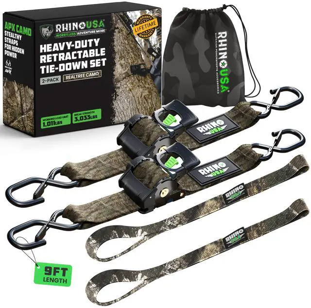 Main image of Retractable Ratchet Straps (2-Pack) - 2in x 9ft, 3,033lb, Camo Heavy Duty Auto Self Retracting Tie Downs. For Truck, Cargo Trailer, Motorcycle & UTV, Tangle-Free Storage. Camo