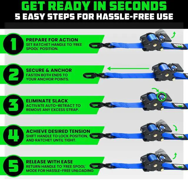 Alt view image 6 of 7 - Retractable Ratchet Straps (2-Pack) - 2in x 10ft, 3,033lb, Blue Heavy Duty Auto Self Retracting Tie Downs. For Truck, Cargo Trailer, Motorcycle & UTV, Tangle-Free Storage. Blue