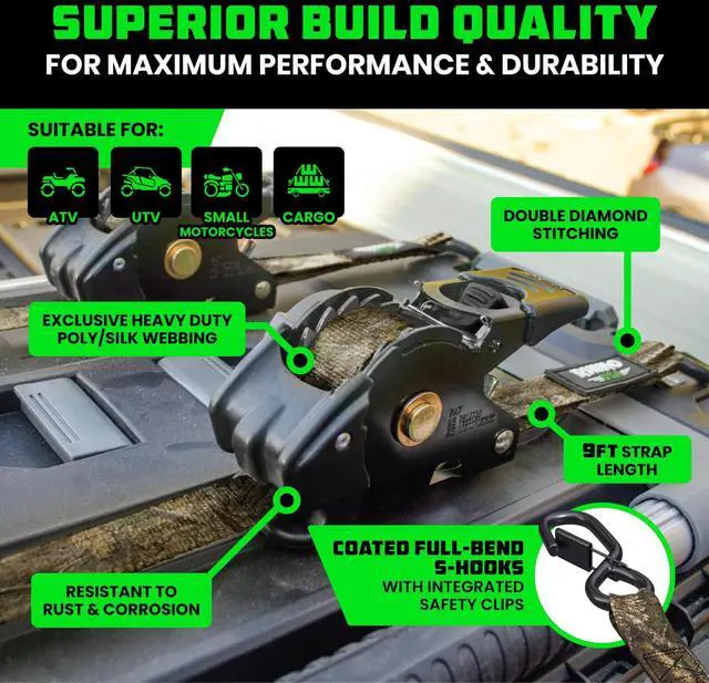 Alt view image 3 of 7 - Retractable Ratchet Straps (2-Pack) - 2in x 9ft, 3,033lb, Camo Heavy Duty Auto Self Retracting Tie Downs. For Truck, Cargo Trailer, Motorcycle & UTV, Tangle-Free Storage. Camo