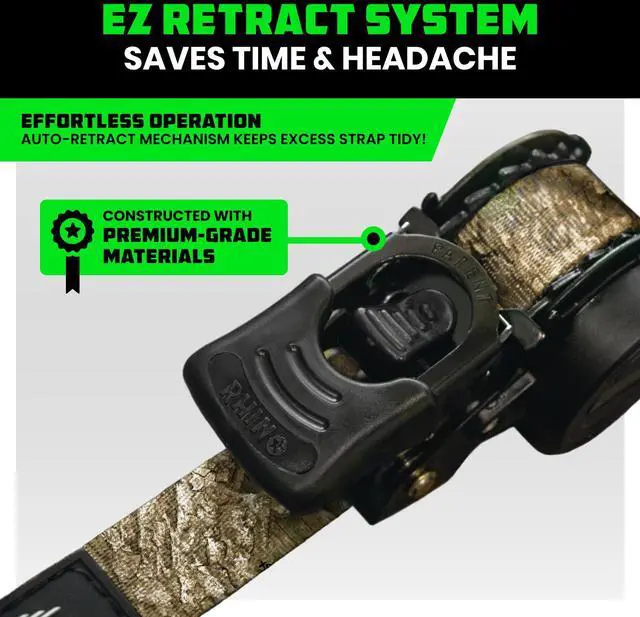 Alt view image 4 of 7 - Retractable Ratchet Straps (2-Pack) - 2in x 9ft, 3,033lb, Camo Heavy Duty Auto Self Retracting Tie Downs. For Truck, Cargo Trailer, Motorcycle & UTV, Tangle-Free Storage. Camo