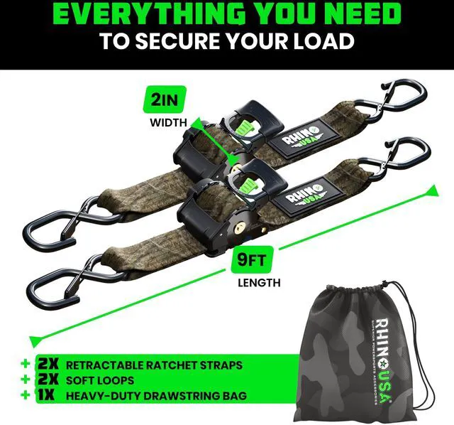 Alt view image 6 of 7 - Retractable Ratchet Straps (2-Pack) - 2in x 9ft, 3,033lb, Camo Heavy Duty Auto Self Retracting Tie Downs. For Truck, Cargo Trailer, Motorcycle & UTV, Tangle-Free Storage. Camo