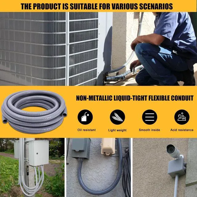 Alt view image 7 of 7 - Liquid-Tight Conduit - 1inch 100 Foot Flexible Non Metallic Liquid Tight Electrical Conduit Kit, with 6 Straight and 4 Angle Fittings Included. 1" Dia