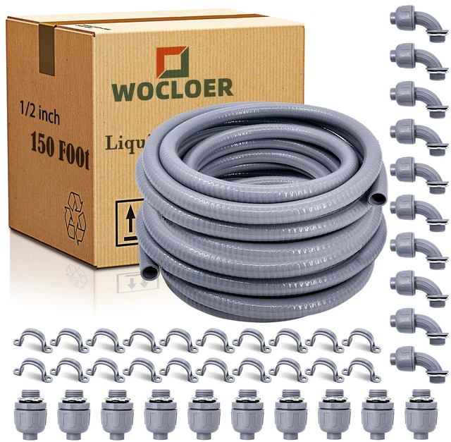 Main image of 1/2 inch 150 Foot Liquid-Tight Conduit and Connector Kit, Flexible Non Metallic Electrical Conduit, With 10 Straight and 10 Angle Fittings and Pipe Strap