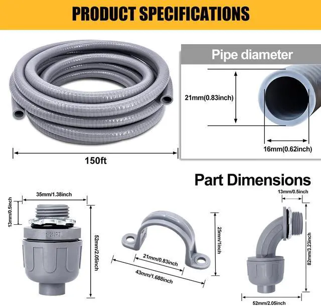 Alt view image 2 of 7 - 1/2 inch 150 Foot Liquid-Tight Conduit and Connector Kit, Flexible Non Metallic Electrical Conduit, With 10 Straight and 10 Angle Fittings and Pipe Strap