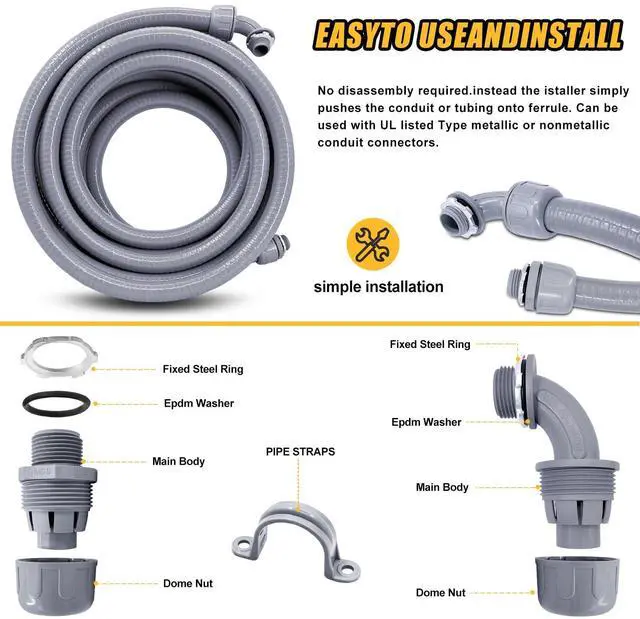 Alt view image 4 of 7 - 1/2 inch 150 Foot Liquid-Tight Conduit and Connector Kit, Flexible Non Metallic Electrical Conduit, With 10 Straight and 10 Angle Fittings and Pipe Strap