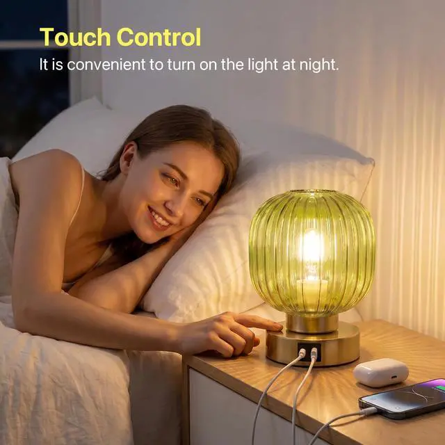 Alt view image 2 of 7 - Touch Table Lamp Set of 2, 3-Way Dimmable with Glass Shade, USB-C+A Charging Ports, Mid-Century Modern Small Bedside Lamps for Nightstand, Bedroom, and Living Room, LED Bulb Included (Green)