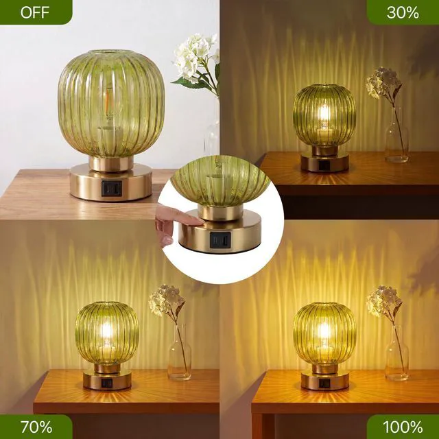 Alt view image 3 of 7 - Touch Table Lamp Set of 2, 3-Way Dimmable with Glass Shade, USB-C+A Charging Ports, Mid-Century Modern Small Bedside Lamps for Nightstand, Bedroom, and Living Room, LED Bulb Included (Green)
